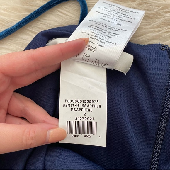 David’s Bridal Dark Blue Shimmer Velvet Faux Wrap Sleeveless Bridesmaid Gown - Picture 13 of 14